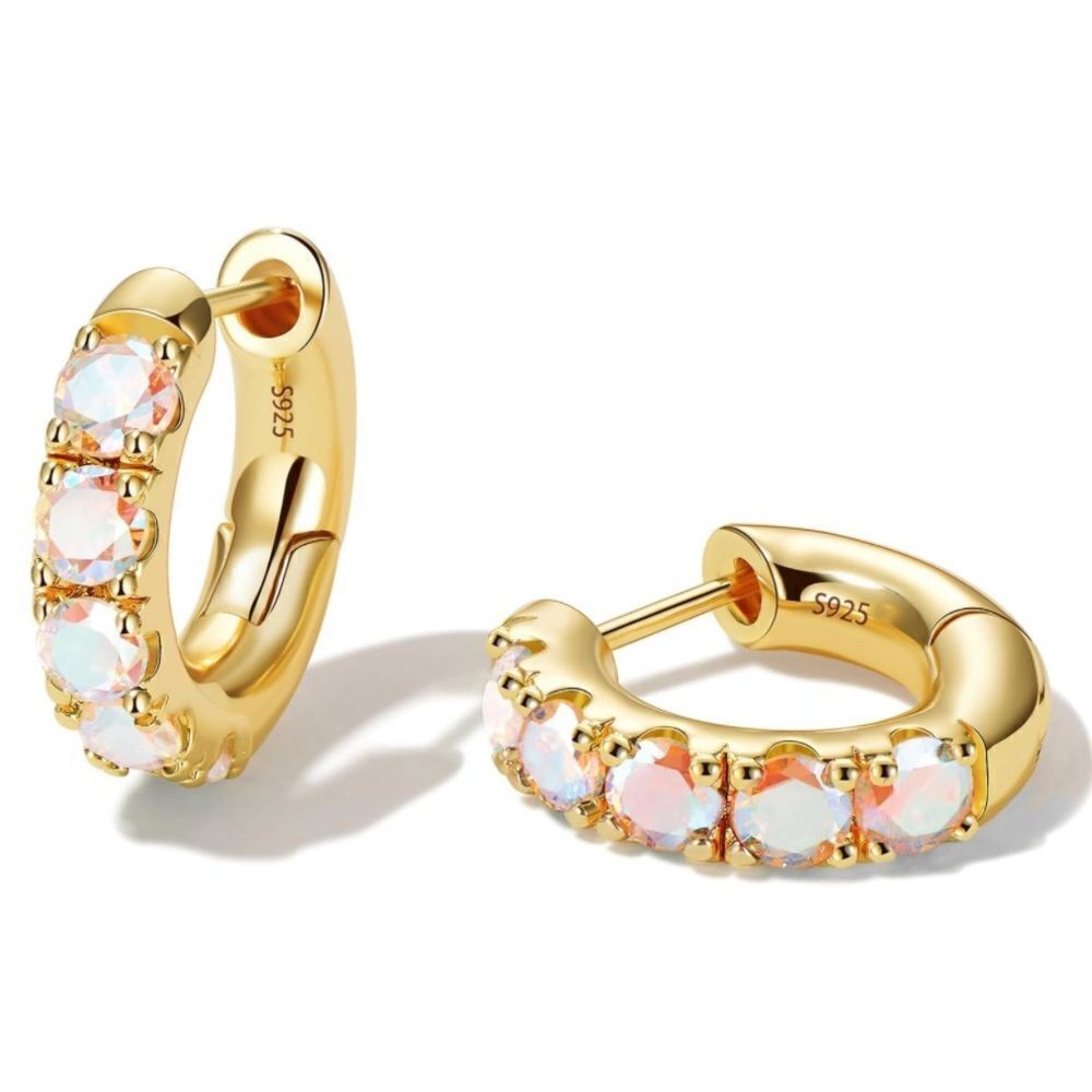 14K Yellow Gold 925 Sterling Silver Iridescent AB Cubic Zirconia Huggie Earrings